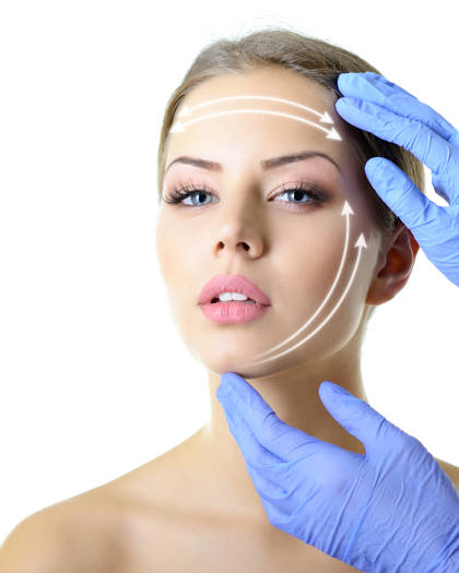 Woman with arrows drawn on her face showing lift directions, touched by gloved hands during face lift consultation