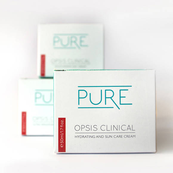 PURE OPSIS Clinical Hydrating and Sun Care Cream packaging in turquoise and white design