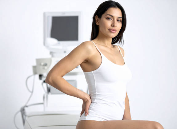 Woman sitting on a medical examination table, gently holding her lower back, in a modern clinic setting