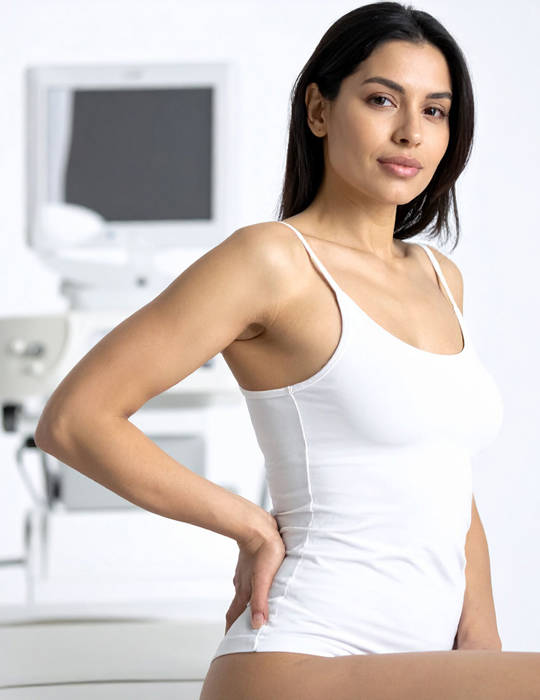 Woman sitting on a medical examination table, gently holding her lower back, in a modern clinic setting