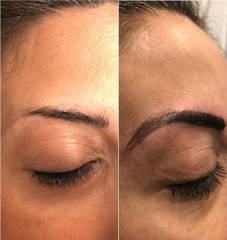 Close up before and after of eyebrow micropigmentation showing freshly enhanced brow shape and pigment application