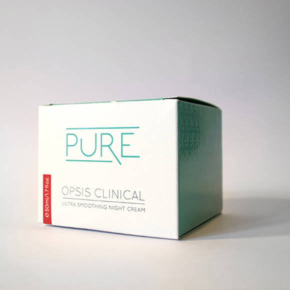 PURE OPSIS Clinical Ultra Smoothing Night Cream packaging in turquoise and white