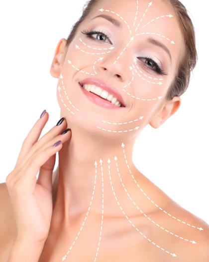 Portrait of a woman touching her face, representing facelift and facial rejuvenation treatments